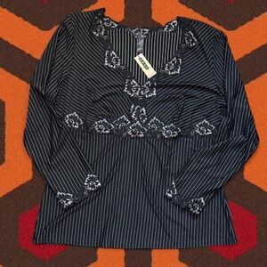 NWT Soma Travelers Ticking Black & White Stripe Lace 3/4 Sleeve Top — LARGE